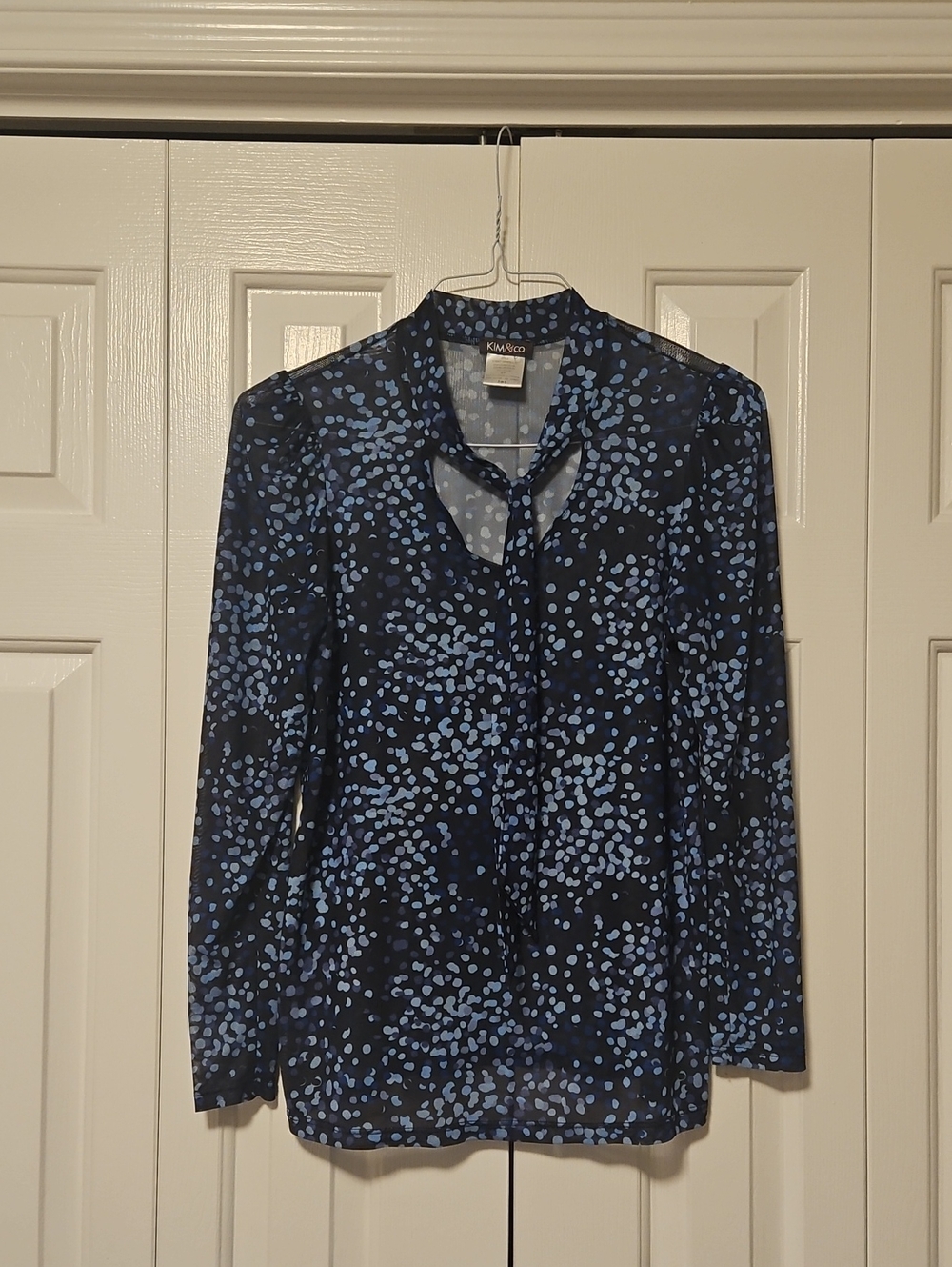 Kensie Navy and Light Blue Tie-Neck Printed Blouse